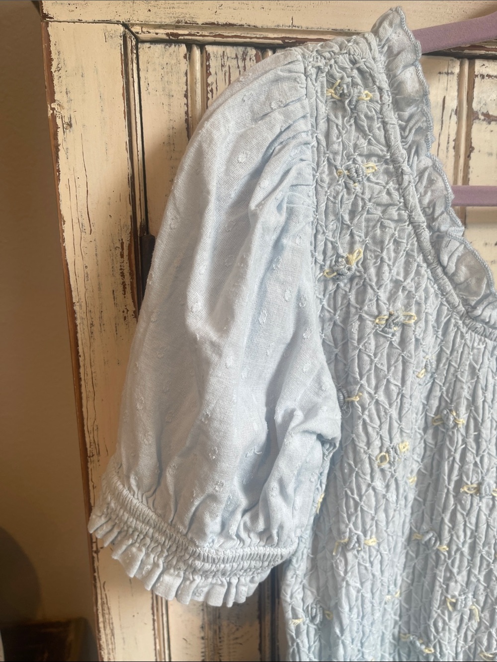 Light Blue Smocked Puff Sleeve Top with Floral Details - Picture 5 of 11